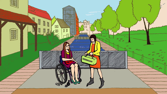 Dwie kobiety przodem do siebie, jedna z nich siedzi na wózku, druga trzyma w rękach torbę