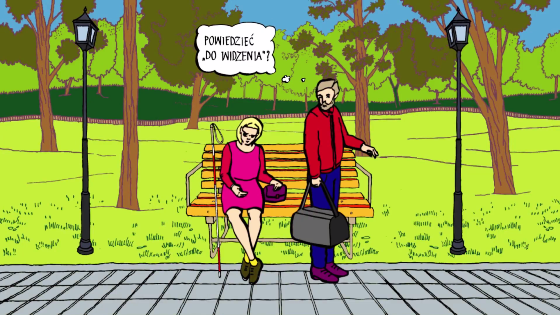 Mężczyzna wstaje z ławki w parku, na ławce siedzi niewidoma kobieta. Mężczyzna zastanawia się: Powiedzieć do widzenia?