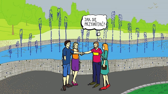 Czworo młodych ludzi stoi przed fontannami. Jeden z mężczyzn nie ma prawego przedramienia, drugi ściska mu lewą dłoń prawą ręką, myśląc: Jak się przywitać?