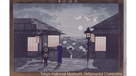 Stary japoński obrazek przedstawiający miasto w nocy